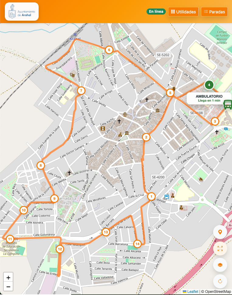 Mapa de paradas y vehículos en Paradas BUS