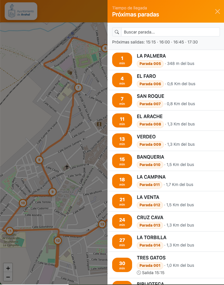 Listado de próximas paradas en Paradas BUS